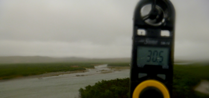 An anemometer measures nearly gale-force winds in Katmai National Preserve 