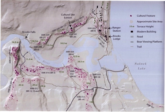 Map of cultural features around Brooks River.