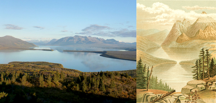 Comparison of Naknek Lake (photo at left) and painting from Petroff's description (right)