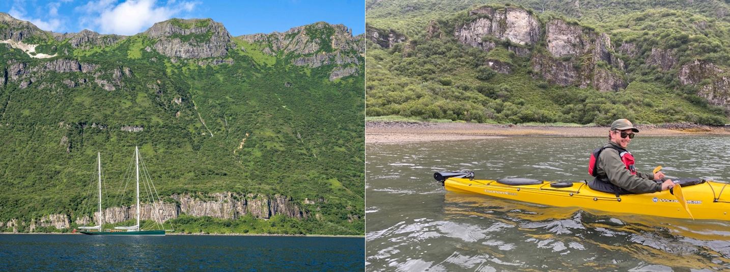 Two pictures, large sailboat and ranger in kayak