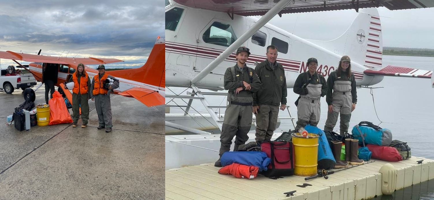 Two pictures of people and gear in front of planes