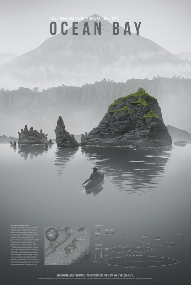 A lone traditional kayaker paddles in the fog towards a rock coast inhabited with sea lions