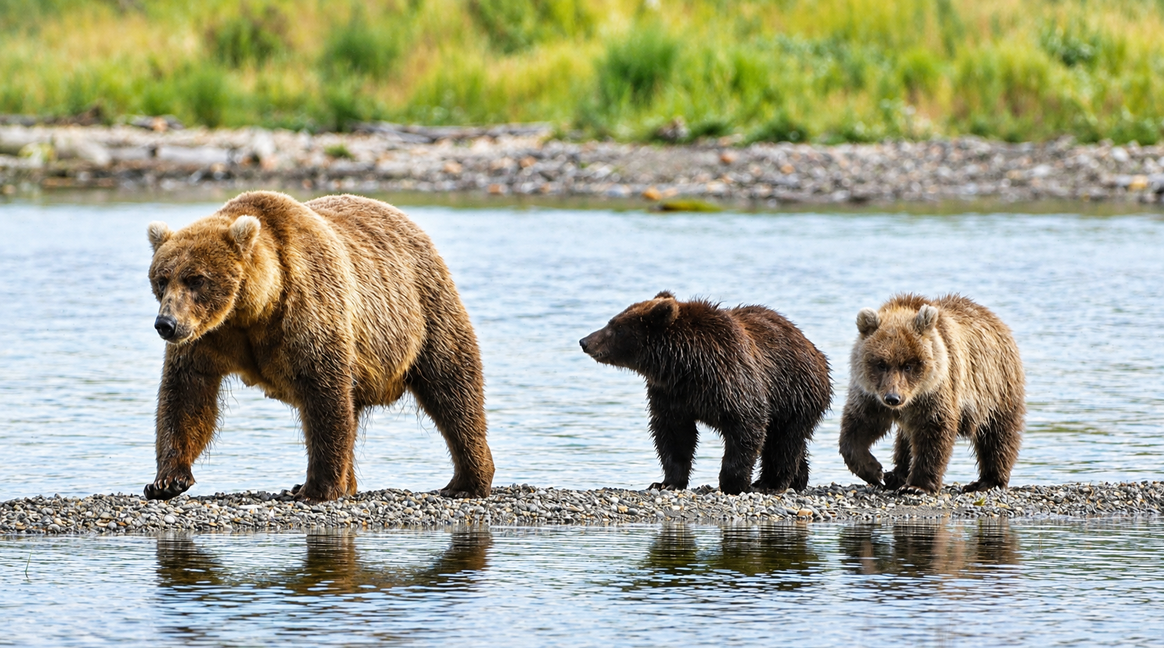 A mother bear with two cubs walk along a gravel bar in a river surrounded by green grass