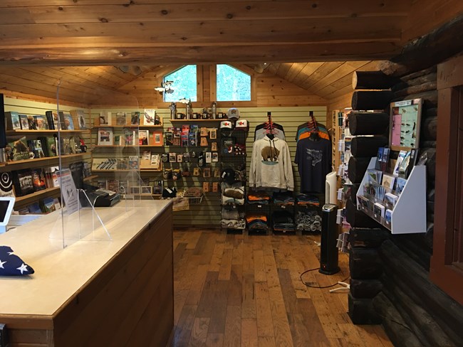 Interior of visitor center with park items for sale.