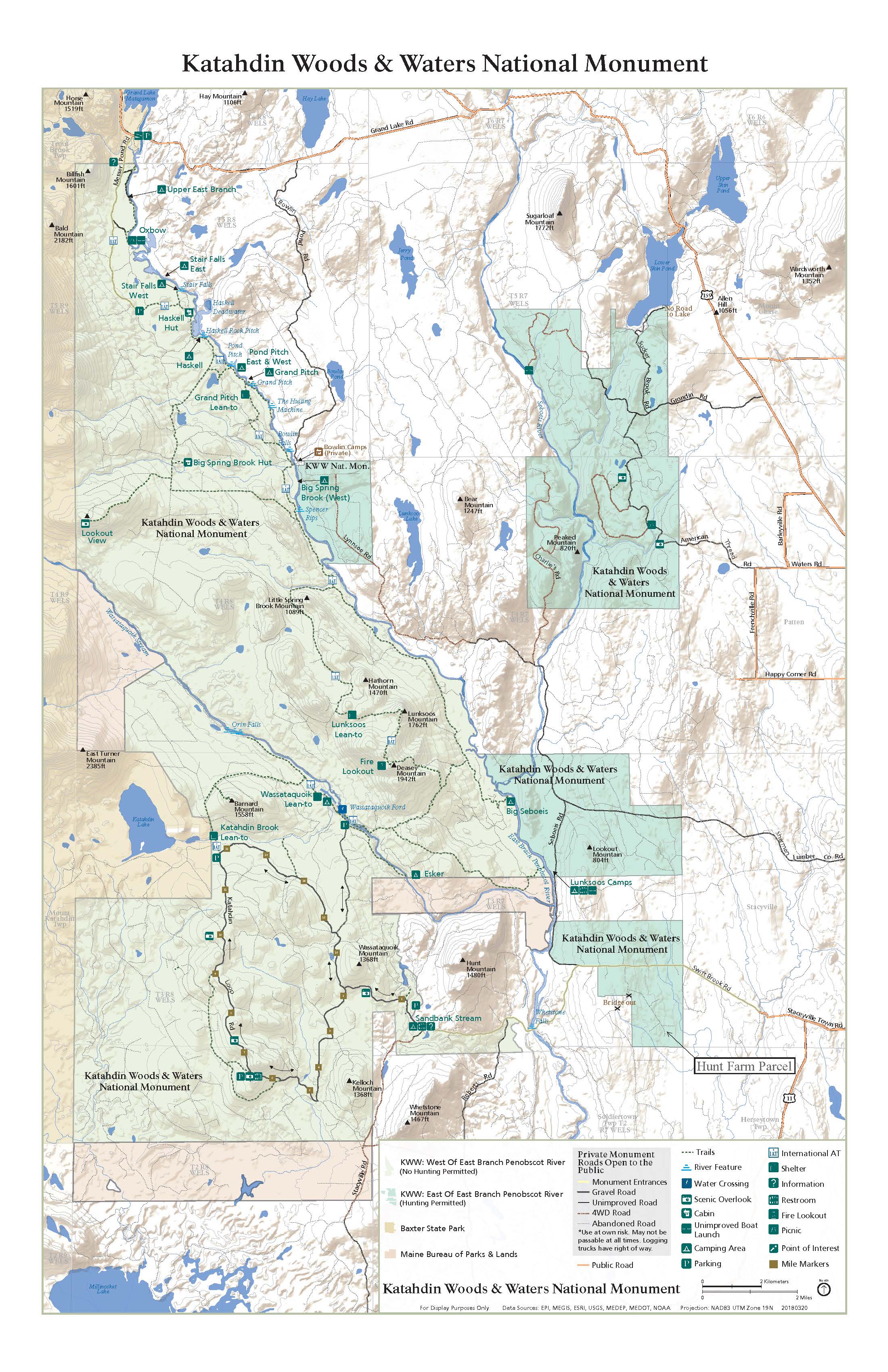 Recreation map showing location of roads within monument and Hunt Farm parcel.