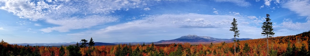 A panoramic view of Katahdin in the fall. Bright colors accent a blue landscape.