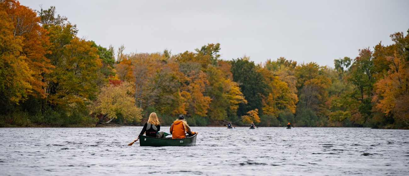 Paddling down the Seboeis River on choppy water with fall foliage lining the shores.