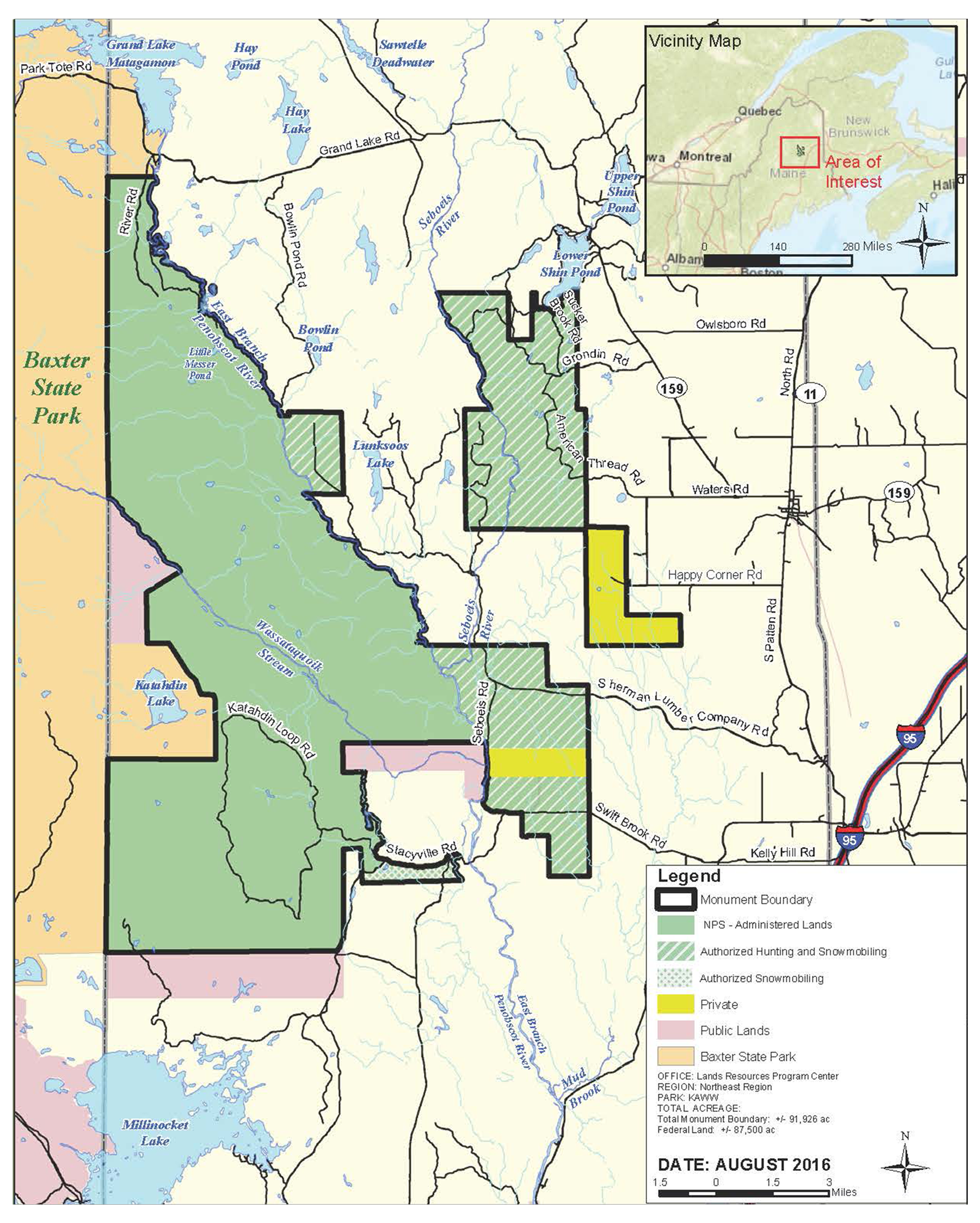 A map showing how areas of land are used and divided in the Katahdin Region. The map shows the monument boundaries, where hunting and snowmobiling are authorized, and what type of land ownership is next to the monument.