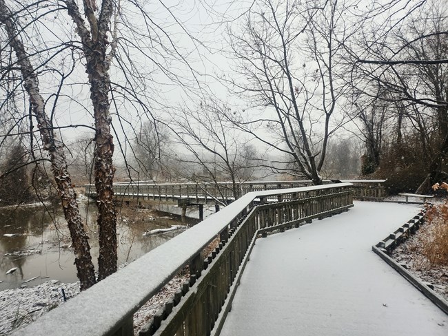 The Kenilworth Aquatic Gardens boardwalk covered in snow as snow falls.