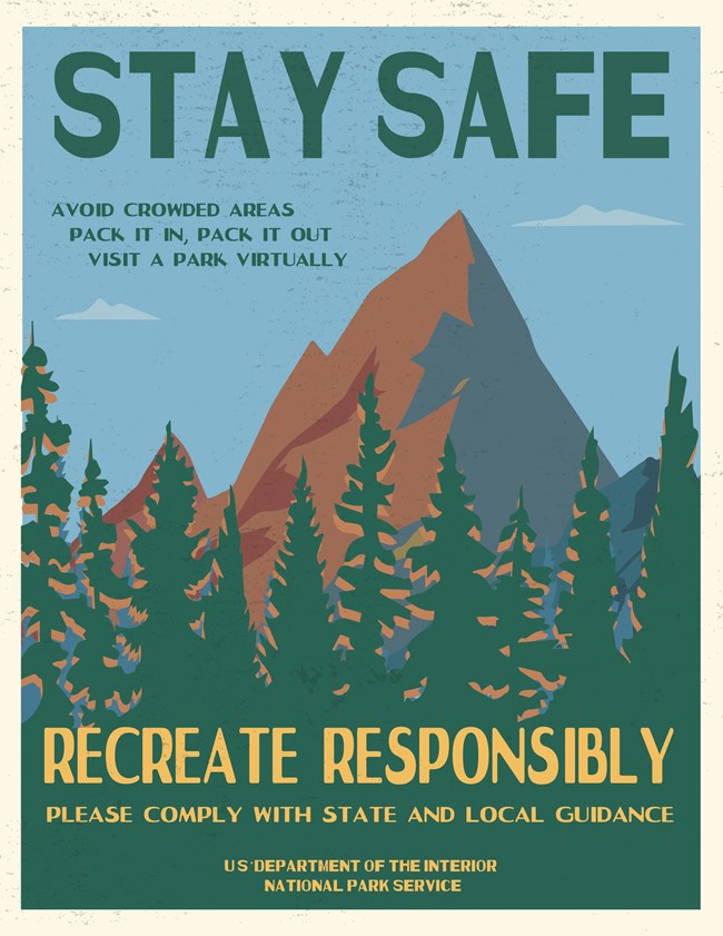 poster of mountain and pine trees asking people to follow guidelines of local areas