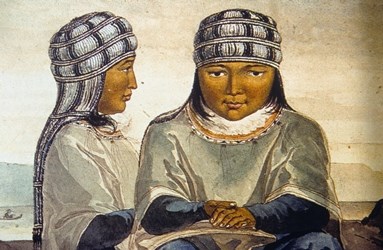 Archaeological depiction of Alutiiq woman wearing a bridal veil. NPS Photo.