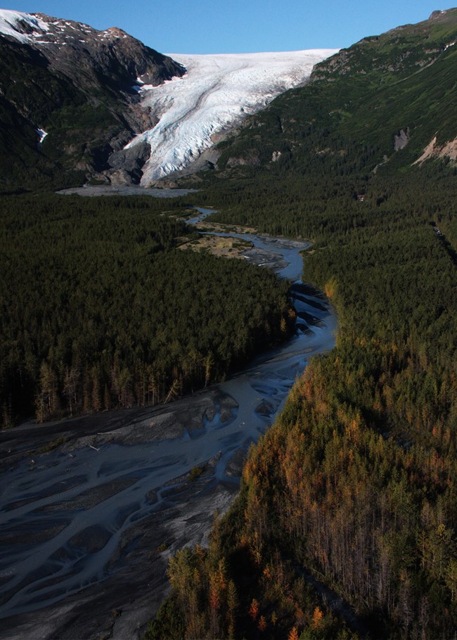 A glacier flowing between two mountainsides in the distance. A braided river flows from the bottom of the glacier towards the bottom of the image.