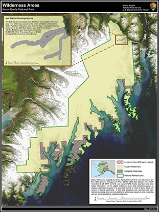 Wilderness Areas: map designates the eligible wilderness and boundaries of the park between the Harding Icefield and Pacific Ocean. Inset highlights the Exit Glacier Developed Area. Shows areas designated as Non-NPS Land Interest.