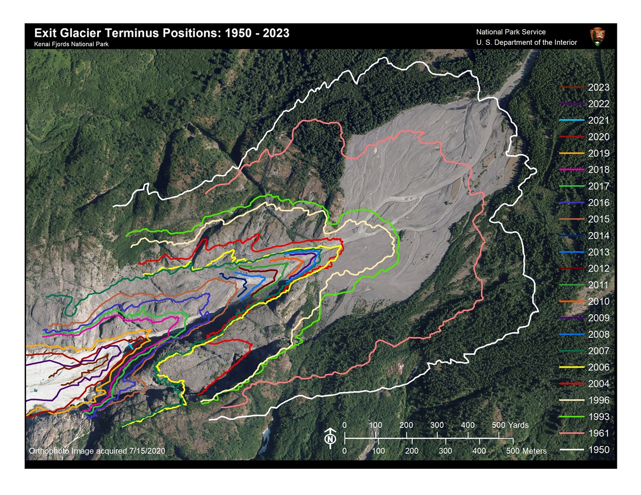 An aerial view of Exit Glacier.  Colored lines on the map denote the different years that the Exit Glacier Terminus was at those places.