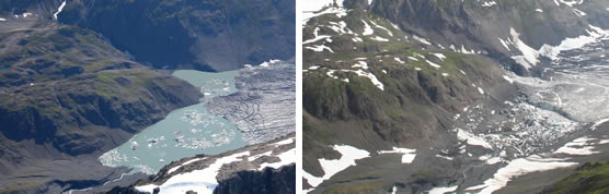 Before and after photographs of the unnamed, glacier-dammed lake.