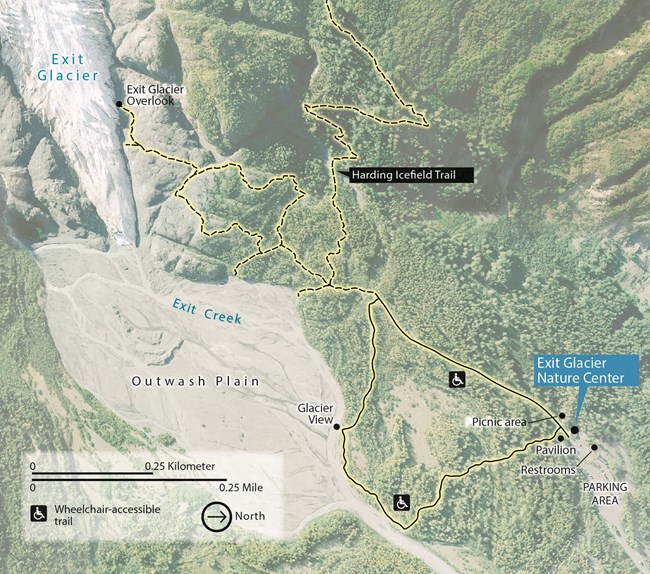 Map of the Exit Glacier Area, including trails, restrooms, nature center, and parking lot, as described in the text.