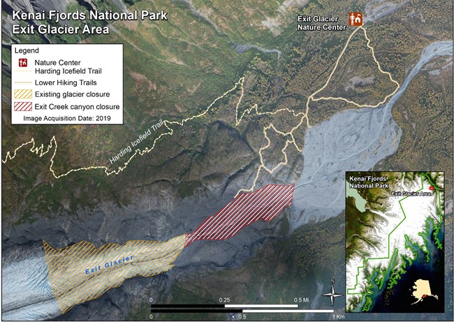 An aerial view of Exit Glacier leading to the Outwash Plain.  There is red and yellow superimposed on the image.  The red is for the closure area of the Exit Glacier Canyon, and the Yellow is for the closure by the Exit Glacier Toe.