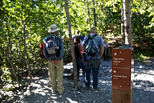 A group of people with daypacks, walking past a trail sign on a crushed gravel path in the woods.