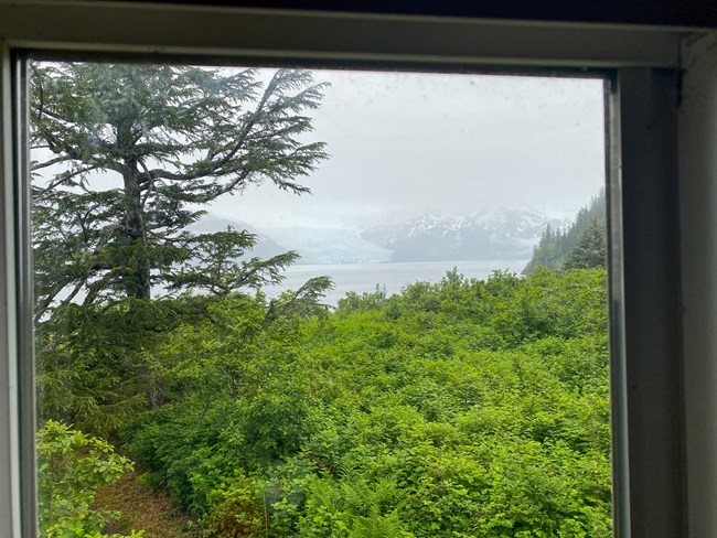 A window view of forest, coast, and glacier in the distance