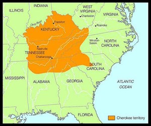 Map of eastern section of U.S.A. Cherokee territory is highlighted as Kentucky, a small western section of Virginia, far western sections of North Carolina and South Carolina, northern sections of Georgia and Alabama, and full eastern half of Tennessee.