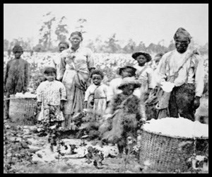 Black and White Photo: 8 black children and 2 black adults stand in a field and carry shoulder bags.
