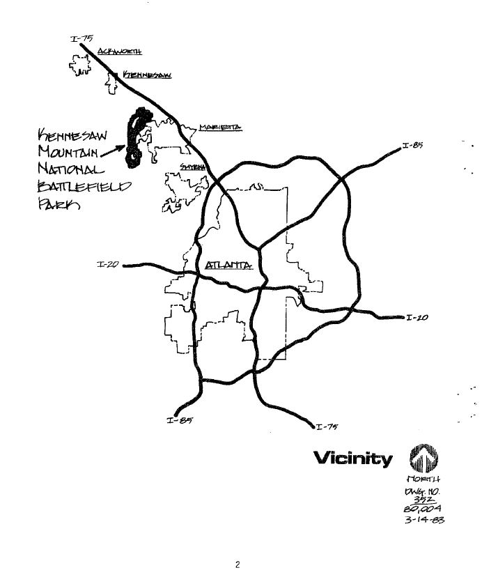 Sketched map shows I-75 travels north-south through Atlanta. Traveling north it passes east of Smyrna, through the eastern portion of Marietta and Kennesaw and east of Ackworth. The park is depicted directly west of Marietta.