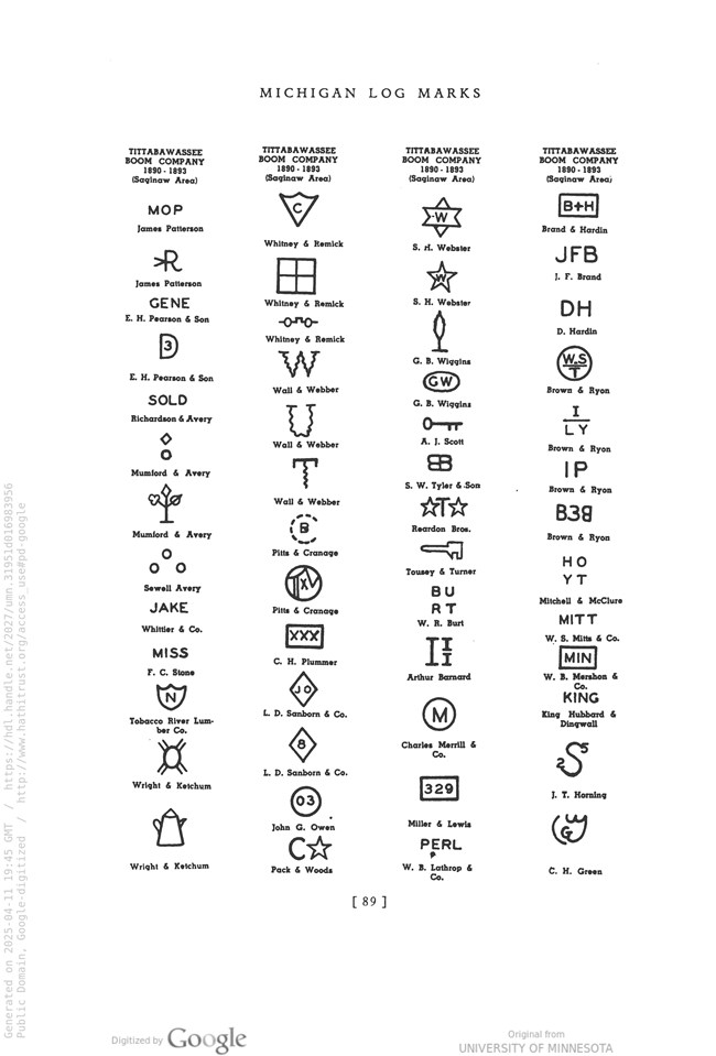 A four by fourteen table titled Michigan Log Marks features line drawings associated with individual loggers and logging companies of the Tittabawasee Boom Company of the Saginaw area from 1890 to 1893
