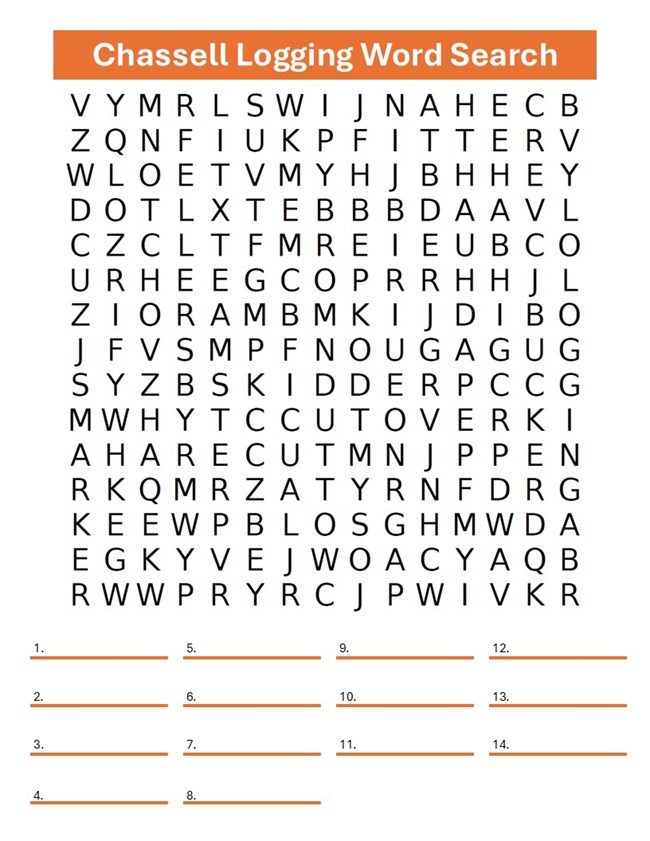 A word search puzzle with logging terms