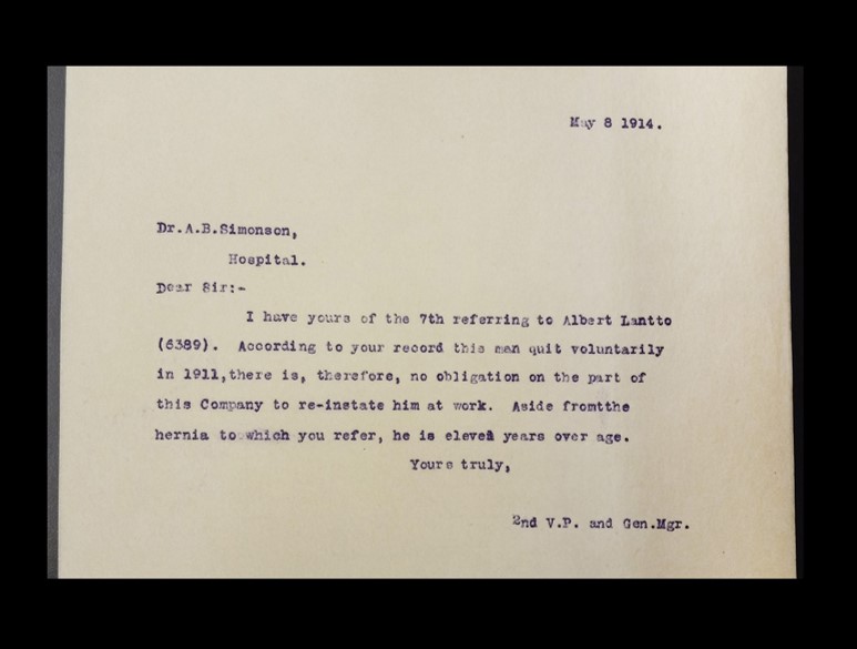 2nd V.P. and Gen.Mgr. To A. B. Simonson, May 8, 1914, Calumet and Hecla Mining Companies Collection, MS-002, box 47, folder 520, Michigan Tech Archives & Copper Country Historical Collections, Houghton, MI.