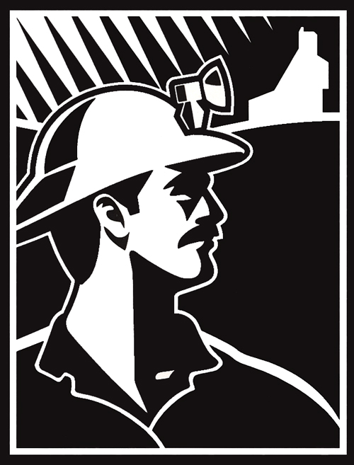 KEWE NHP black and white miner logo. A miner looks right with a shafthouse and the northern lights in the background