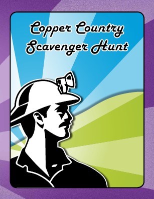 Scavenger Hunt Book Cover with a miner with hardhat and lamp on a green and blue background and purple outer edge