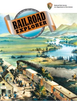 Jr Ranger Railroad Explorer Cover Image with a train parked at a depot and mountains and a lake in the background