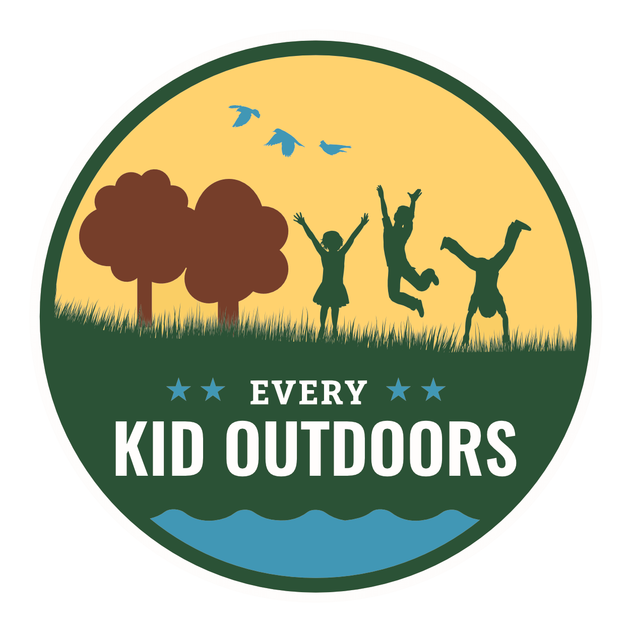 Every kid outdoors logo with three kids on grass, two trees and three birds