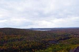 Looking out from Brockway Mountain at an overcast sky, fall colored foliage, and an inland lake.