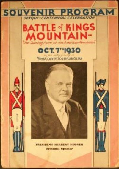 A photograph of President Hoover surrounded by a drawing of two soldiers, one in red and the other in blue.