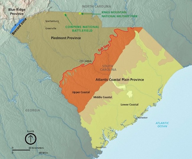 A map of the different geological regions of the state of South Carolina.