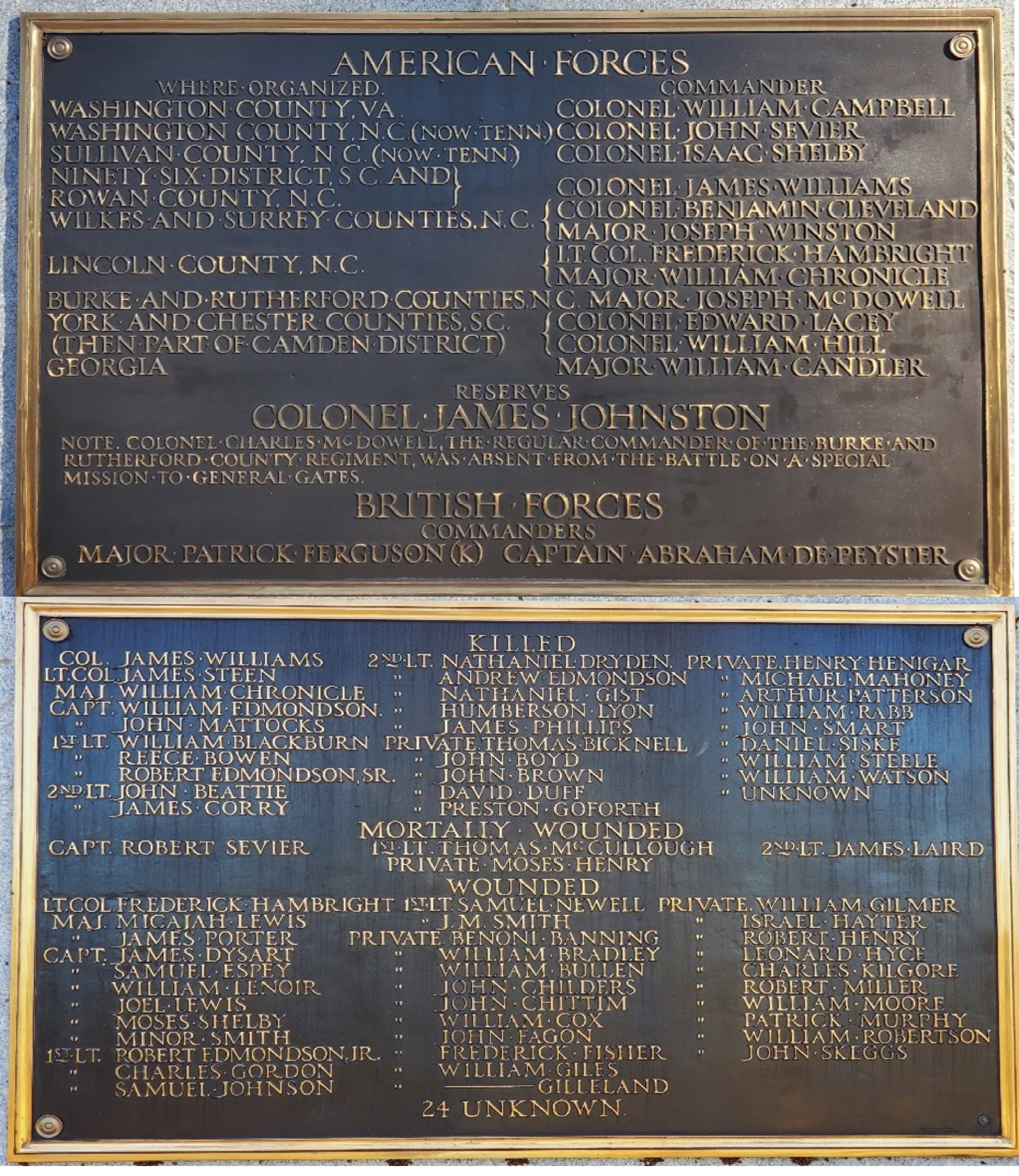 Two metal plaques are shown wiht names of soldiers engraved on them.