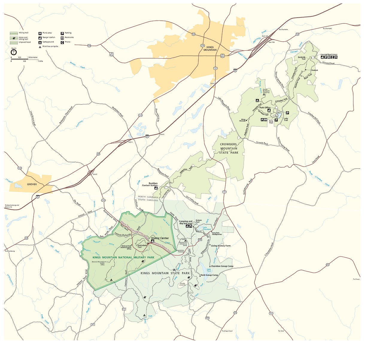 A map of trails at Kings Mountain NMP