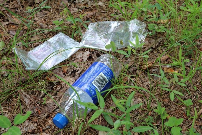 Several pieces of trash are scattered on grass