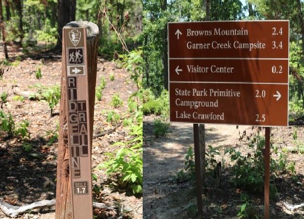 A hiking trail sign saying "ridgeline trail" and a direction sign.