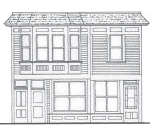 Line drawing of two conjoined two story buildings.