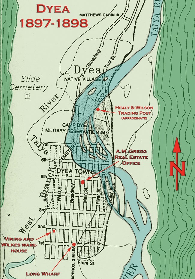 Map of Dyea in 1897-98.  Street grid with braided river.