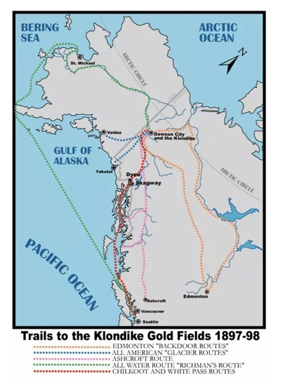 Map depicting the trails taken by people during the Klondike Gold Rush.