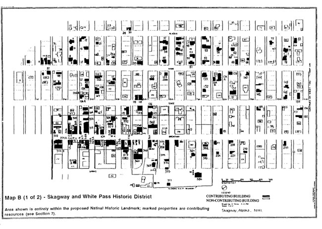 1999 map of historic resources within Skagway. It is an aerial view drawing of the blocks of Skagway showing the placement of buildings in relation to lots.