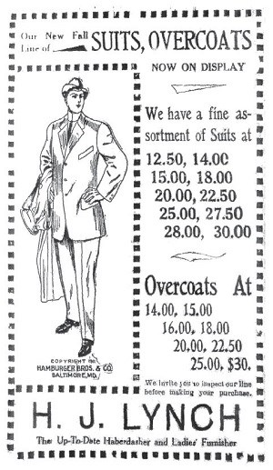Black and white historic ad with main text reading "Suits, Overcoats" and "H.J. Lynch The up-to-date haberdasher and ladies' furnisher."