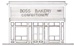 Line drawing of building with large windows and text that says "Boss bakery and confectionery."