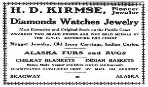 Historic advertisement for H.D. Kirmse, Pioneer Jeweler in Skagway, Alaska.
