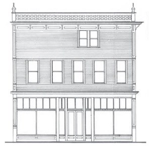 Line drawing of square building with large windows on the first floor.