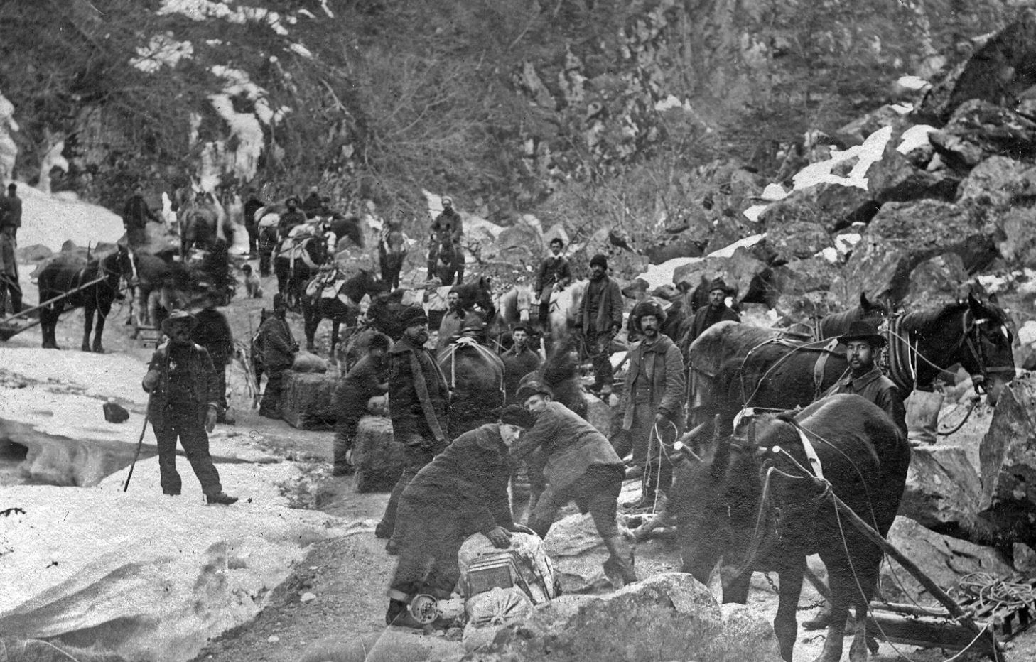Men in a line loading supplies on horses