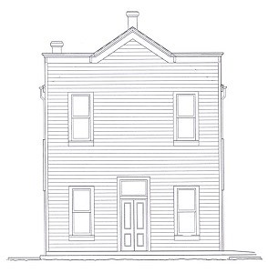 Line drawing of two story historic building.